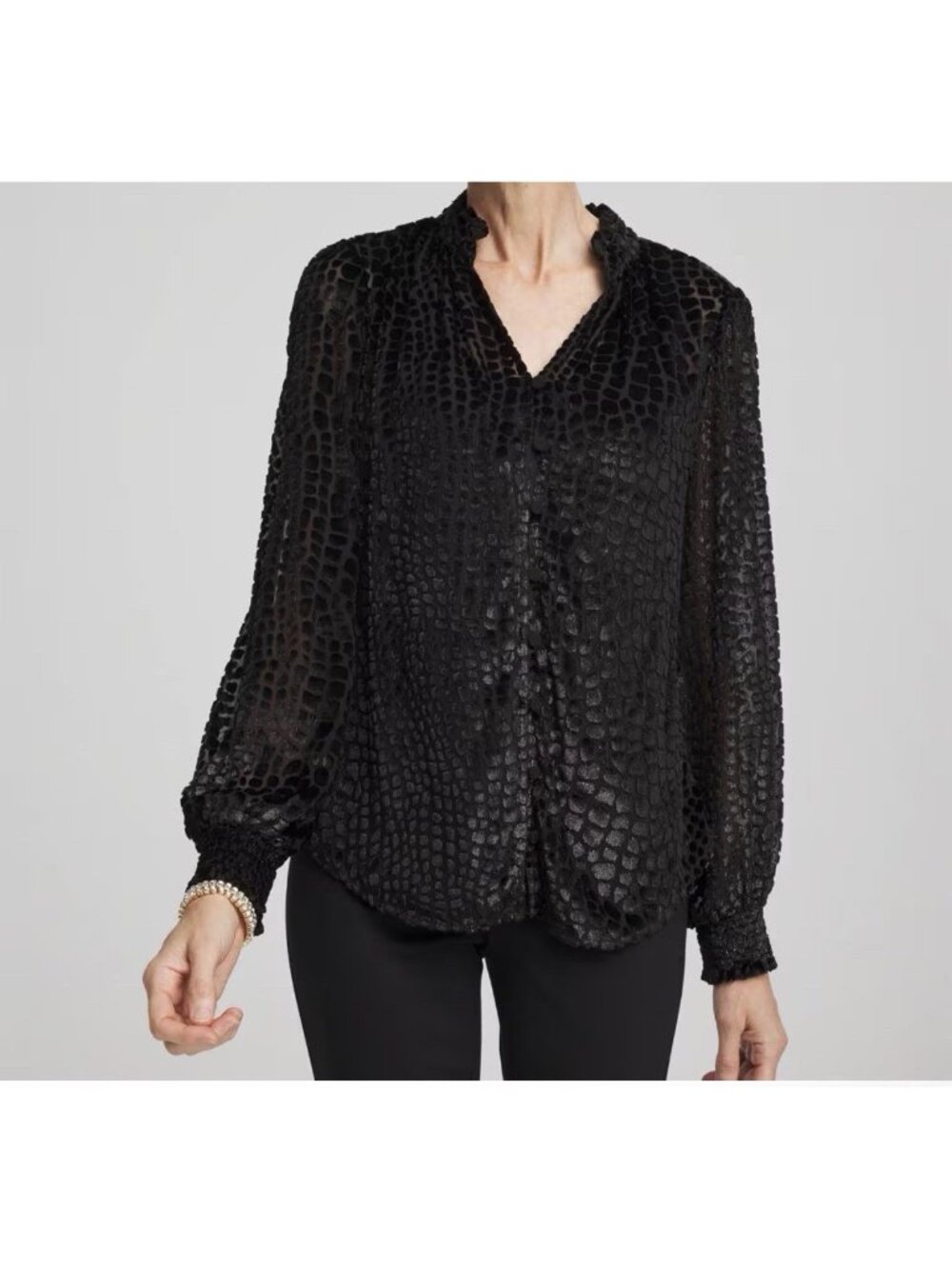 Chico’s Burnout Velvet Blouse US 8 Animal Print Top  Elegant Sheer Fashion M NWT